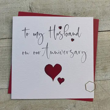 Anniversary Card: Husband Hearts - Red &  White - Handmade In UK