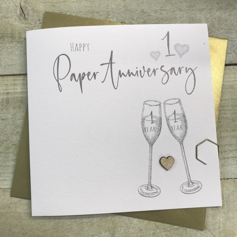 Anniversary Card: First Flutes Paper Handmade Crystals - Silver - White Cotton Cards