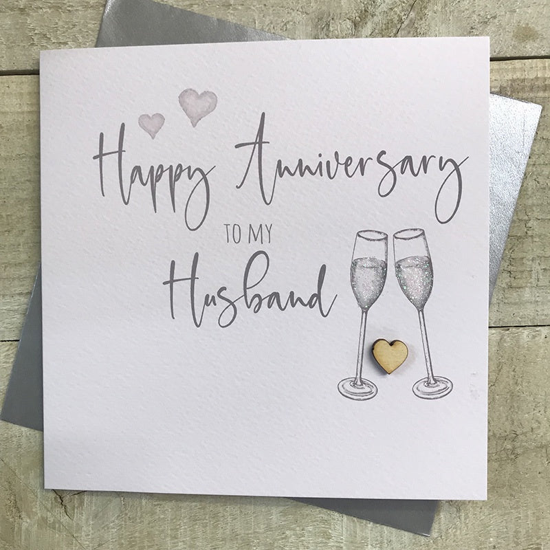 Anniversary Card: Husband Foil Stars Champagne Flutes - Silver & White - Handmade In UK