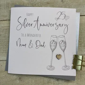 Anniversary Card: 25th Silver Mum & Dad Anniversary Champagne Flutes - Hand Finished - White Cotton Cards
