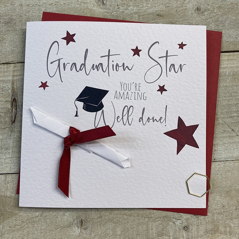 Graduation Card: Graduation Star - Hat & Scroll - White Cotton Cards