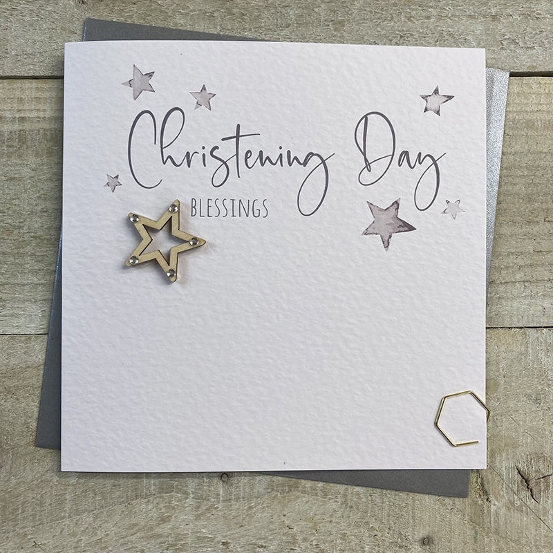Christening Card: Wood Star Blessings Handmade Crystals - White Cotton