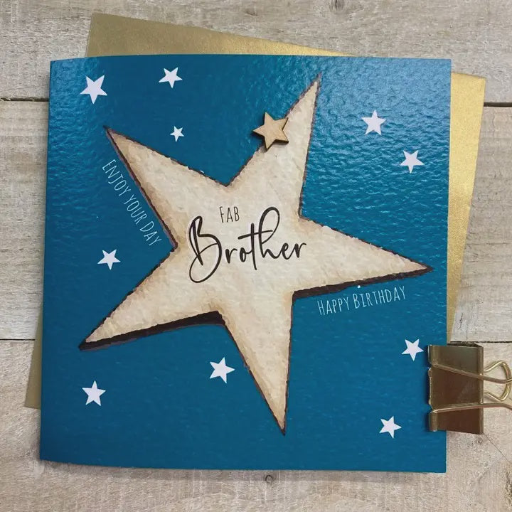 Brother Card: Big Star Hand Finished Wooden Star - Blue -White Cotton Cards