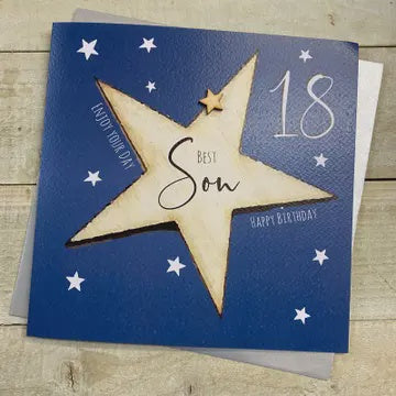 Age 18th Card: SON Big Star Hand Finished Wood Star - Blue - White Cotton Cards