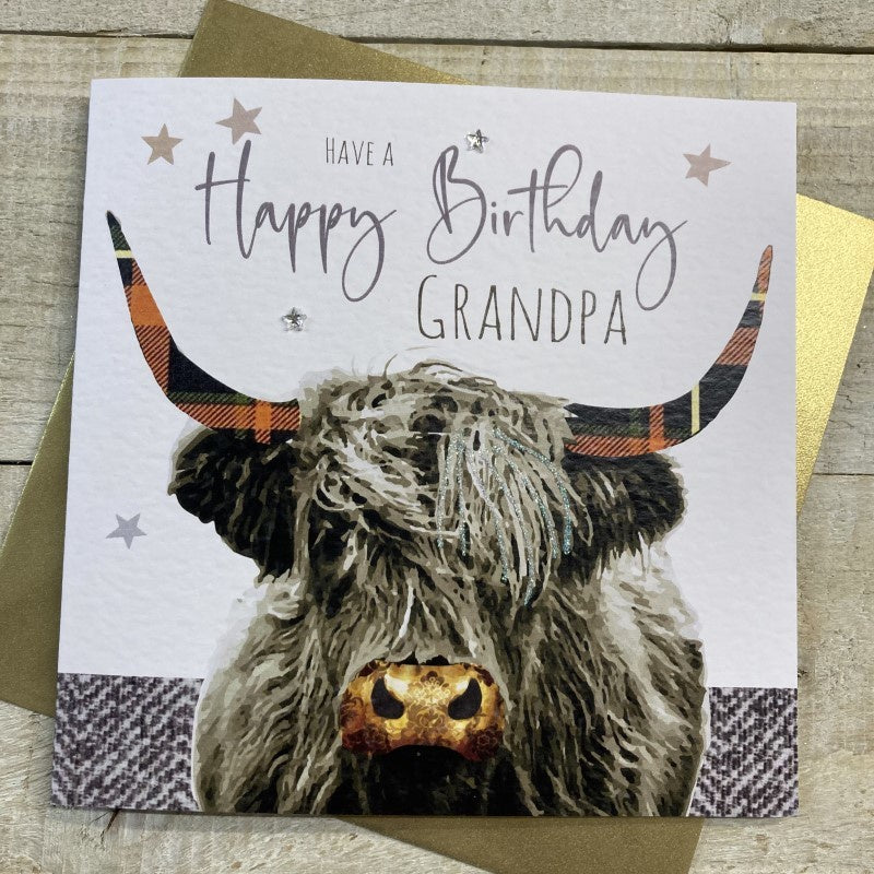 Grandpa Card: Highland Cow Happy Birthday Hand Finished - White - White Cotton Cards