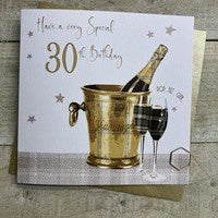 Age 30th Card: Champagne Bucket Hand Finished Crystals & Glitter - Gold - White Cotton Cards