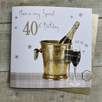 Age 40th Card: Champagne Bucket Hand Finished Crystals & Glitter - Gold - White Cotton Cards