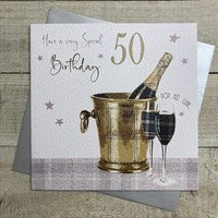 Age 50th Card: Champagne Bucket Hand Finished Crystals & Glitter - Gold - White Cotton Cards