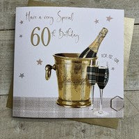 Age 60th Card: Champagne Bucket Hand Finished Crystals & Glitter - Gold - White Cotton Cards