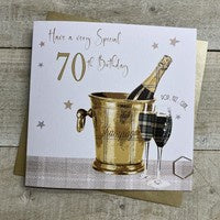 Age 70th Card: Champagne Bucket Hand Finished Crystals & Glitter - Gold - White Cotton Cards