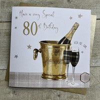 Age 80th Card: Champagne Bucket Hand Finished Crystals & Glitter - Gold - White Cotton Cards
