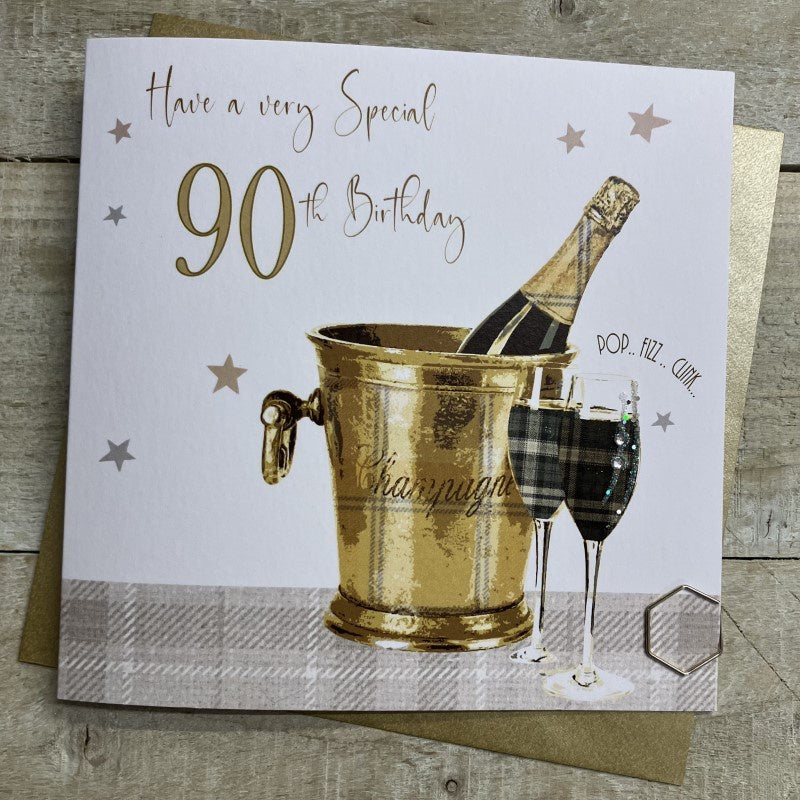 Age 90th Card: Champagne Bucket Hand Finished Crystals & Glitter - Gold - White Cotton Cards