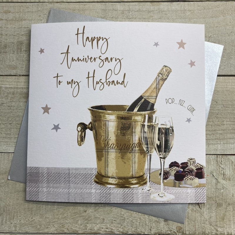 Anniversary Card: Husband Champagne Bucket Bottle  - White Cotton Cards