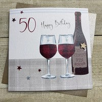Age 50th Card: Red Wine Glasses Bottle Hand Finished Crystals & Glitter -  - White Cotton Cards