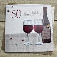 Age 60th Card: Red Wine Glasses Bottle Hand Finished Crystals & Glitter -  - White Cotton Cards