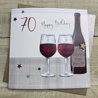 Age 70th Card: Red Wine Glasses Bottle Hand Finished Crystals & Glitter -  - White Cotton Cards