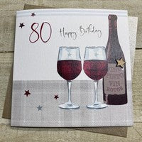 Age 80th Card: Red Glasses Bottle Hand Finished Crystals & Glitter -  - White Cotton Cards