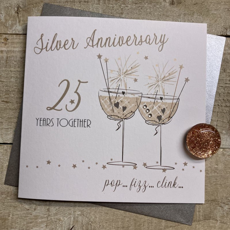 Anniversary Card: Silver 25th Coupe Glasses - White Cotton Cards