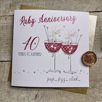Anniversary Card: Ruby Anniversary 40th Hand Finished  - White Cotton Cards