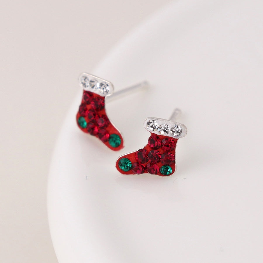Earrings: Stud Small Christmas Stockings Crystals - Sterling Silver - POM