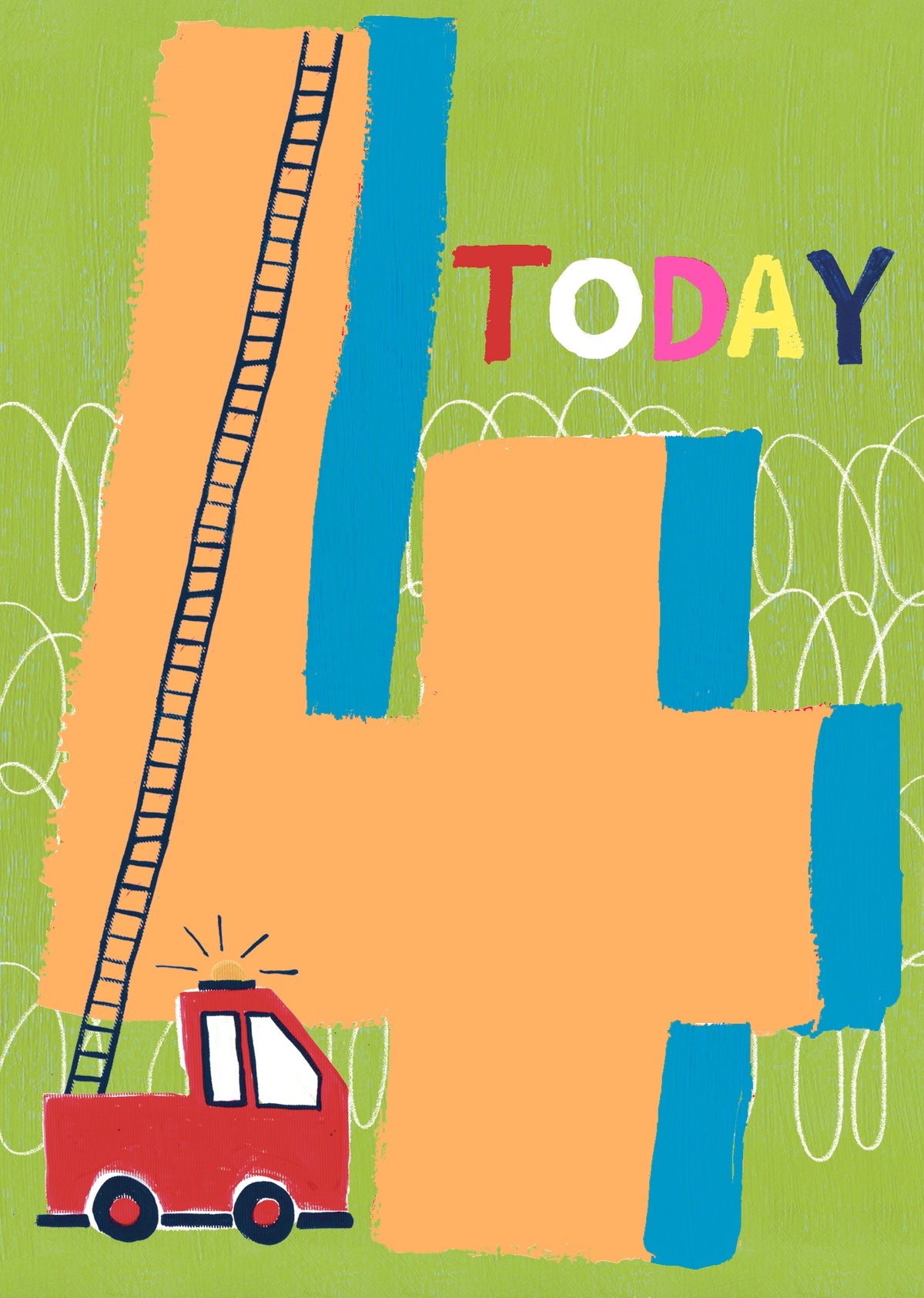 Childrens Age 4th Card: BOY Fire Engine - Neon - Paper Salad