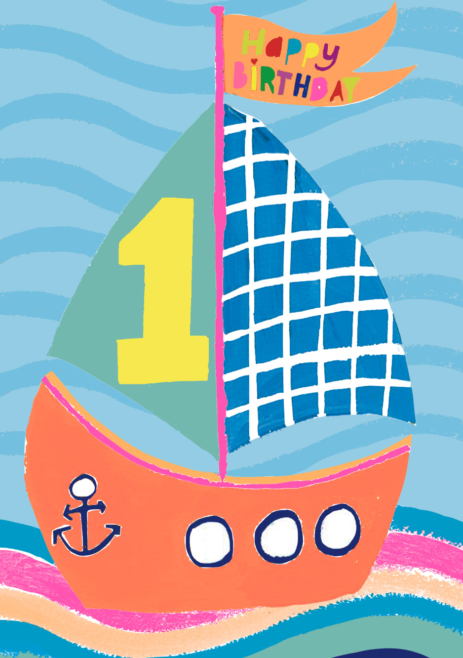 Kids Age  1st Birthday Card: BRIGHT COLOURFUL  AGE 1 BOAT  - Paper Salad
