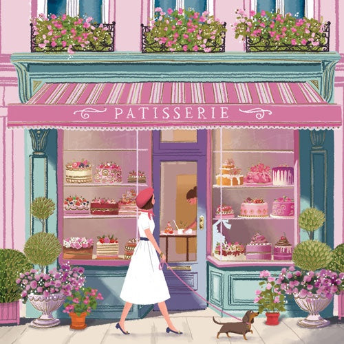 Card: Patisserie Shop - Woman and Dachschund - Pigment