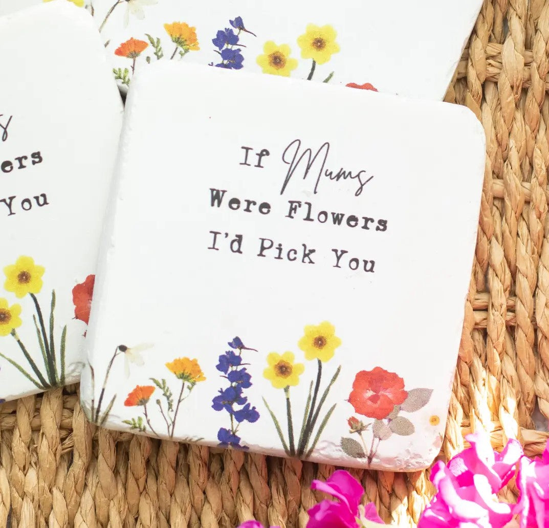 Coaster: Resin Floral Square Mums Flowers Pick You - White - Something Different