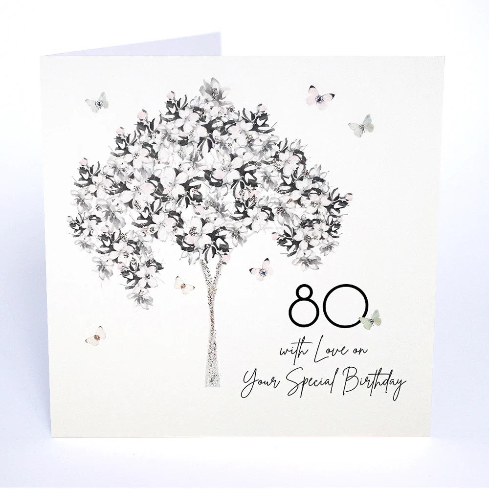 Age 80th Card: Tree Blossom Butterflies Swarovski Crystals - Five Dollar Shake