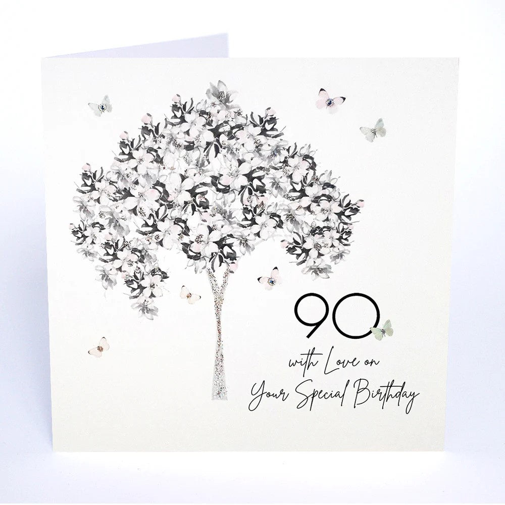 Age 90th Card: Tree Blossom Butterflies Swarovski Crystals - Five Dollar Shake