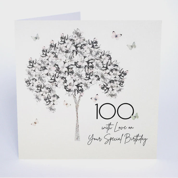 Age 100th Card: Blossom Tree Butterfles Handmade Swarovski - Five Dollar Shake