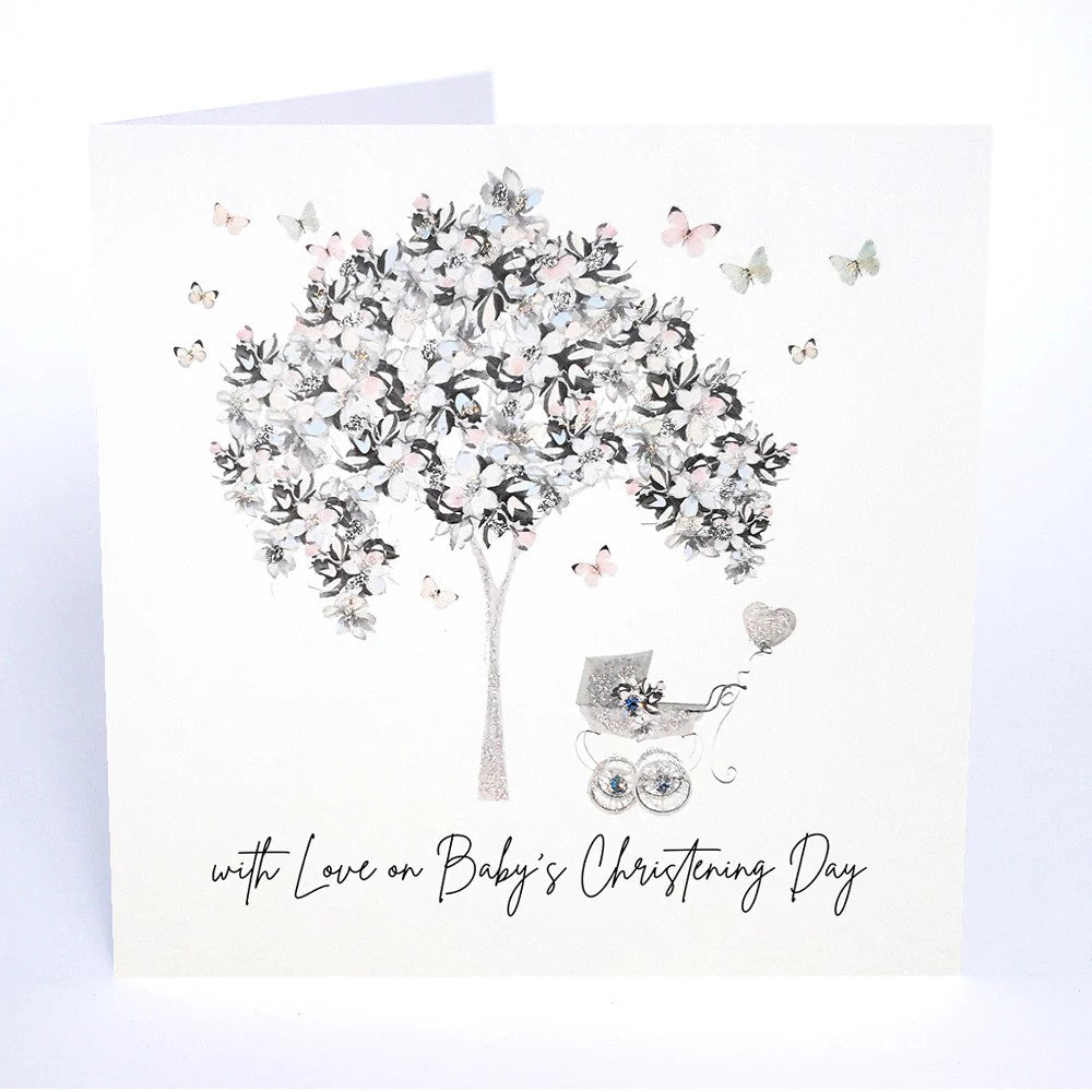 Christening Card: With Love Tree Pram Handmade Swarovski - Five Dollar Shake