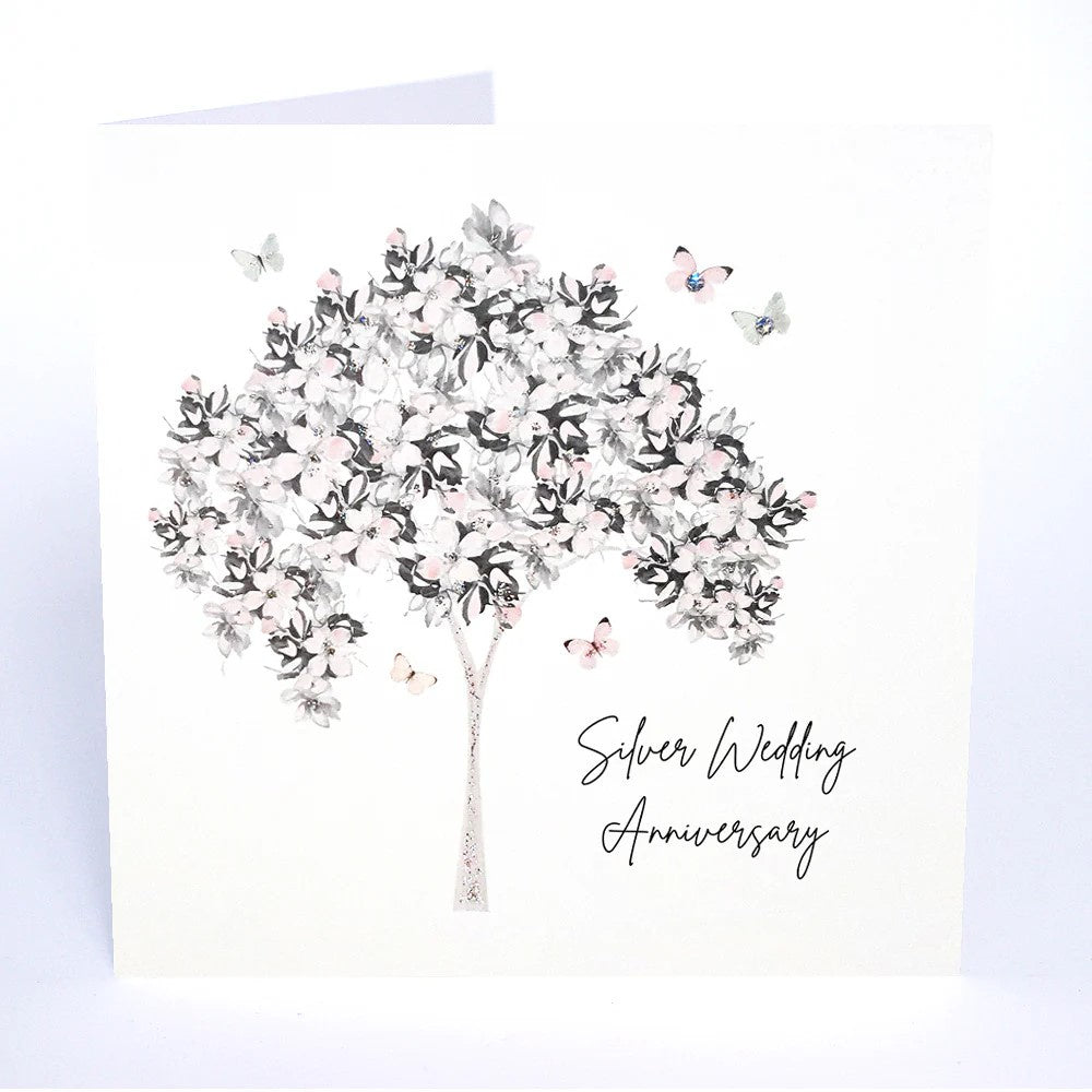 Anniversary Card: Silver 25th Tree Blossom Butterflies Swarovski Crystals - Five Dollar Shake