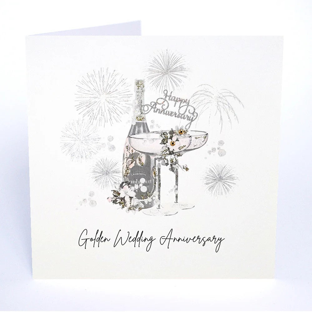 Anniversary Card: Golden 50th Champagne Glass Swarovski Crystals - Five Dollar Shake