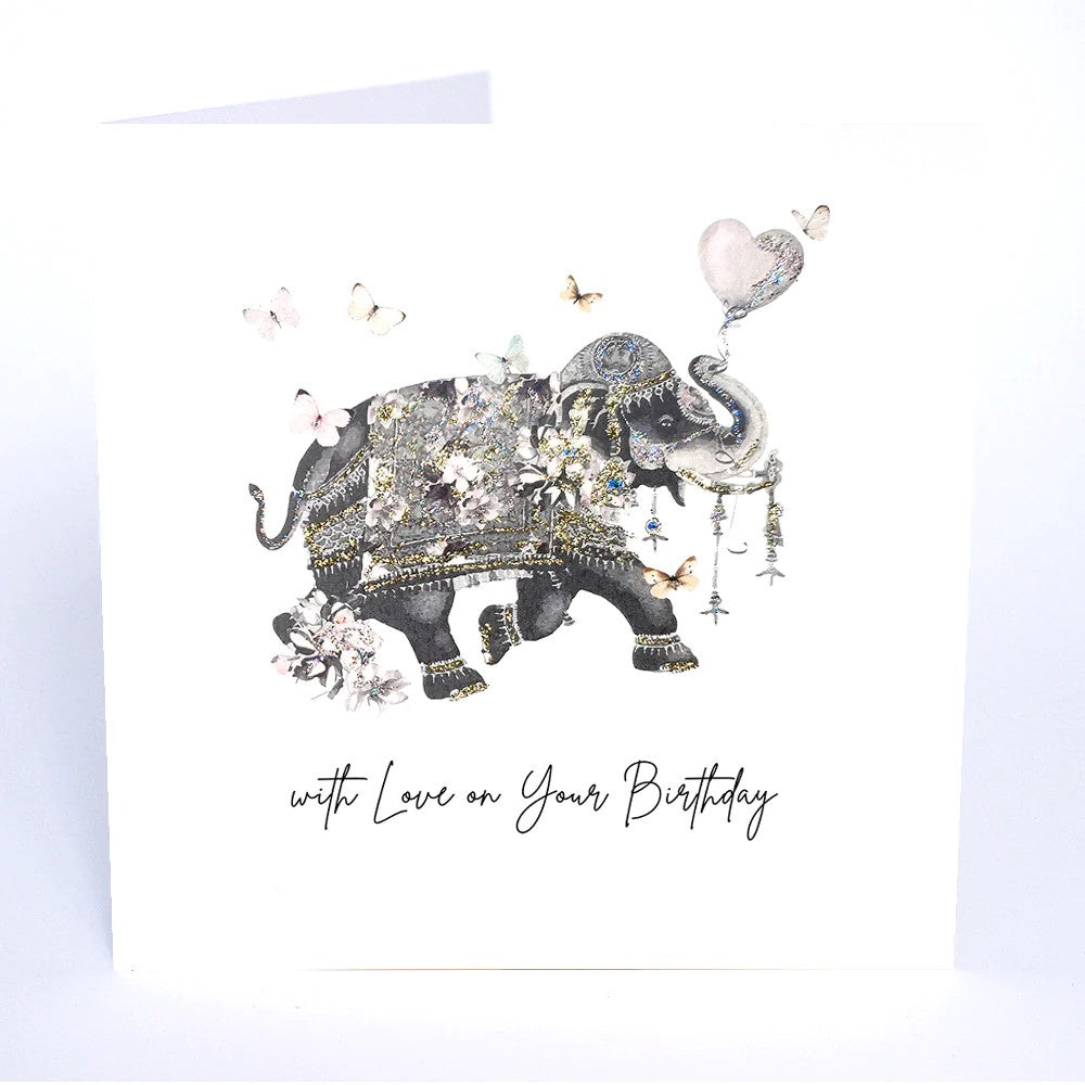 Birthday Card: With Love On Your Birthday Elephant Glitter Handmade Swarovski Crystals - White - Five Dollar Shake