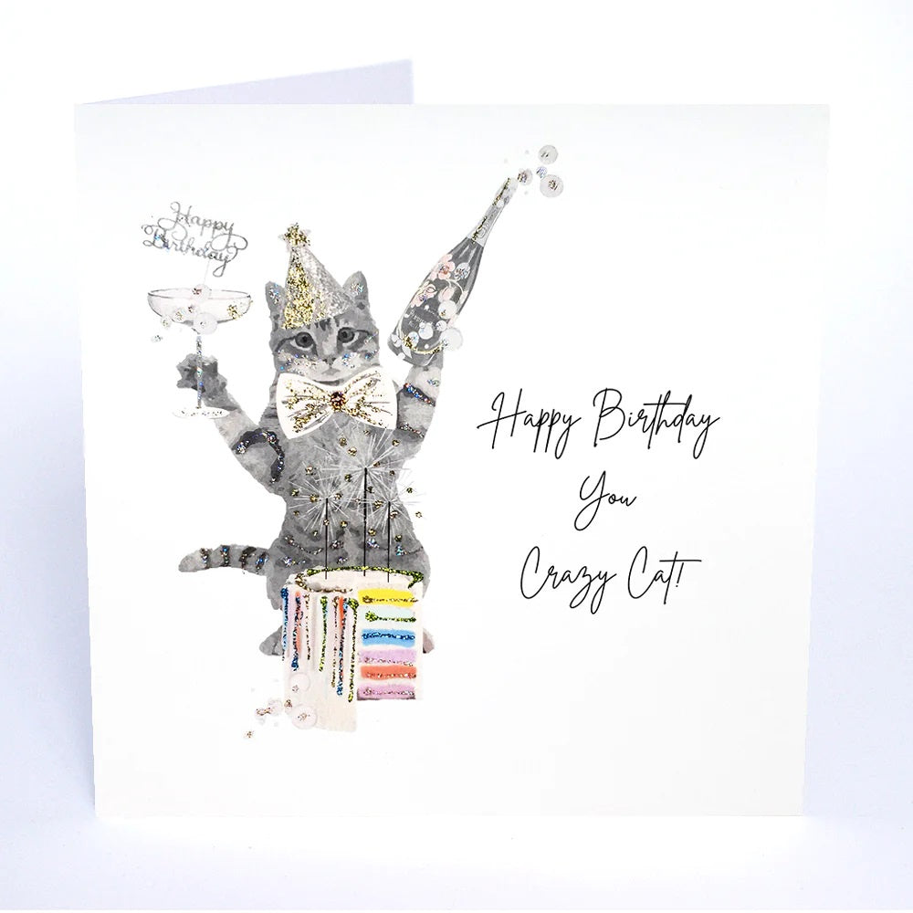 Birthday Card: Crazy Cat Glitter Handmade Swarovski Crystals - White - Five Dollar Shake