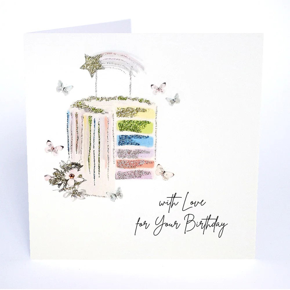 Birthday Card: With Love On Your Birthday Cake Glitter Handmade Swarovski Crystals - White - Five Dollar Shake