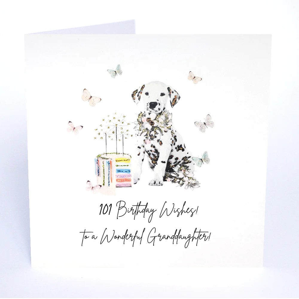 Granddaughter Card: 101 Wishes Dog Glitter Handmade Swarovski Crystals - White - Five Dollar Shake