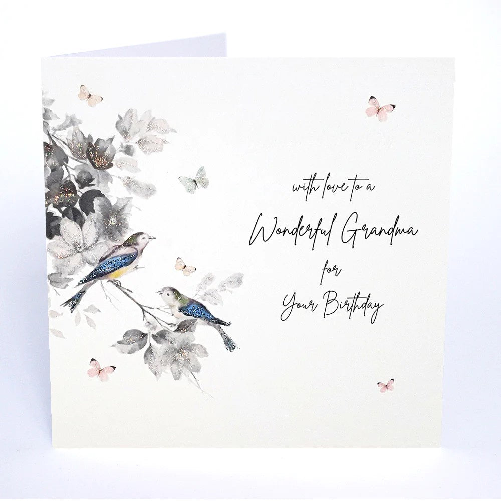 Grandma Card: With Love On Your Birds Glitter Handmade Swarovski Crystals - White - Five Dollar Shake