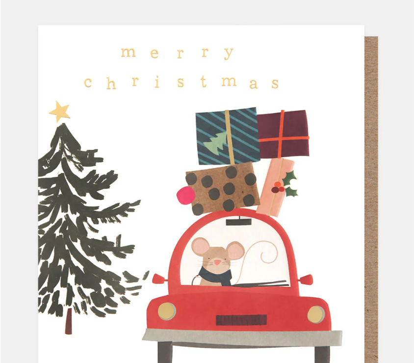 Christmas Card: Mouse in Car with Presents - Caroline Gardner