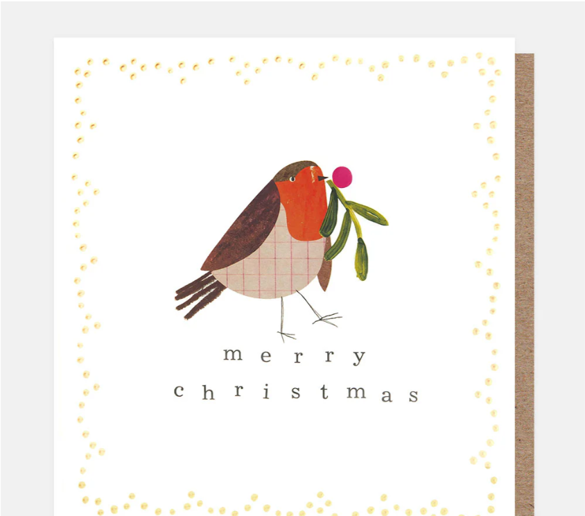 Christmas Card: Robin in Gold Dotty Frame - Caroline Gardner