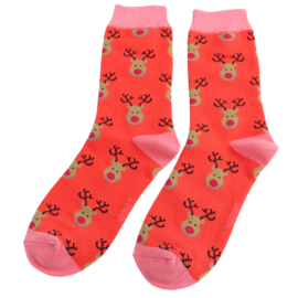 Ladies Christmas Socks: Bamboo Festive Reindeer  - Red - Miss Sparrow