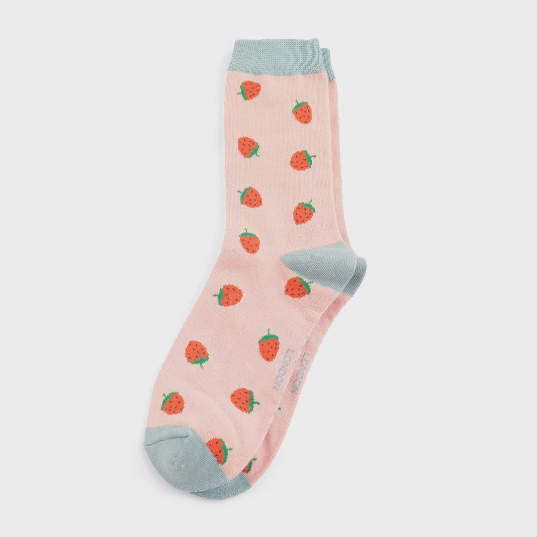 Ladies Socks: Bamboo Strawberries - Dusky Pink - Miss Sparrow