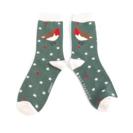 Ladies Christmas Socks: Fluffy Festive Robin & Stars - Green- Miss Sparrow