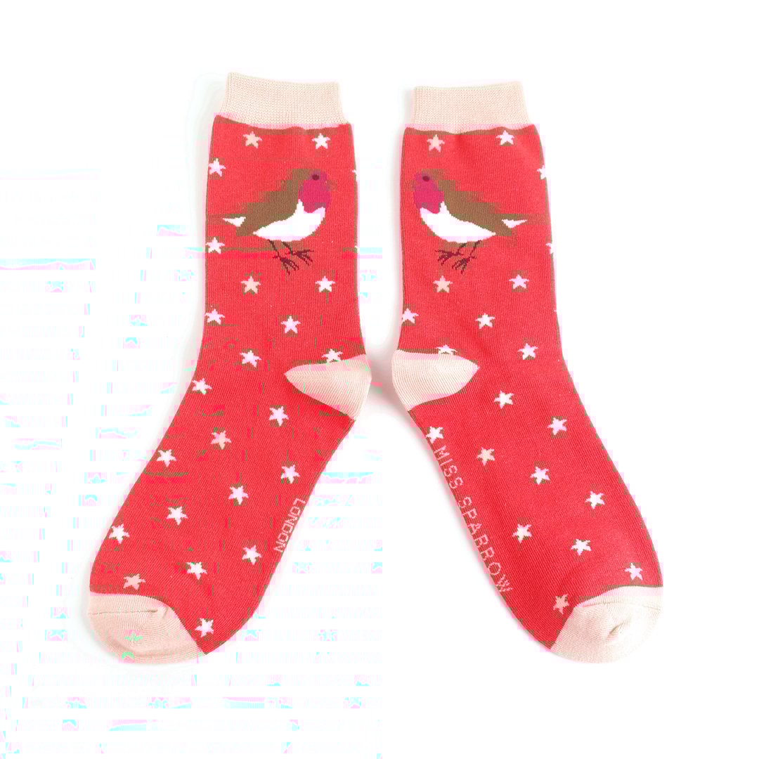 Socks: Festive Robins  - Red - Miss Sparrow