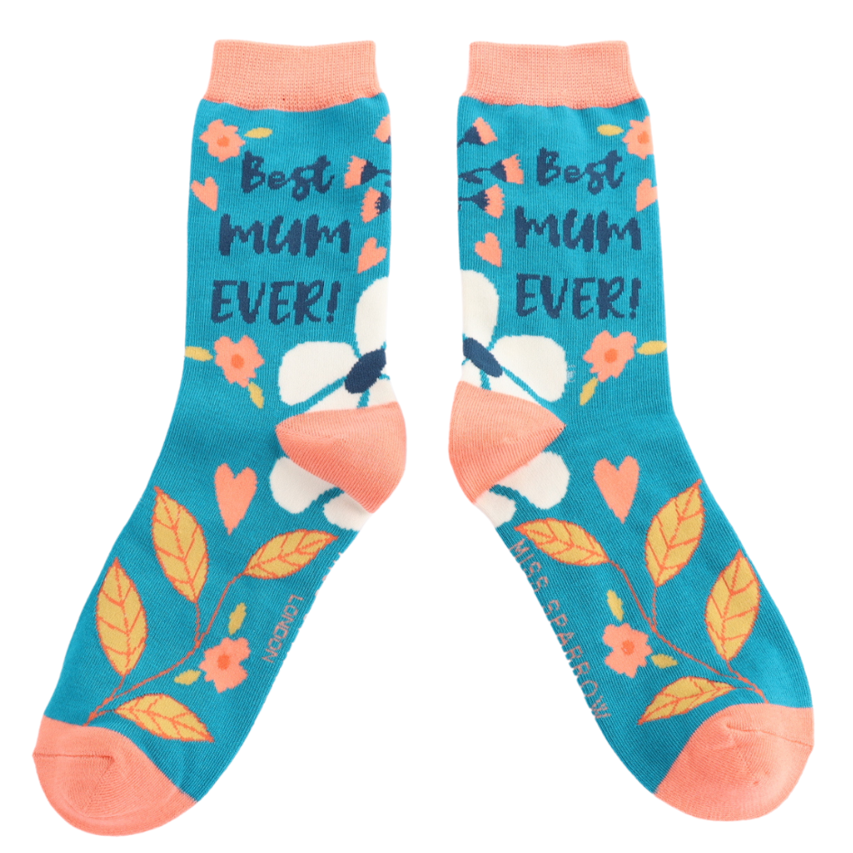 Ladies Socks: Bamboo Best Mum Ever  - Teal - Miss Sparrow