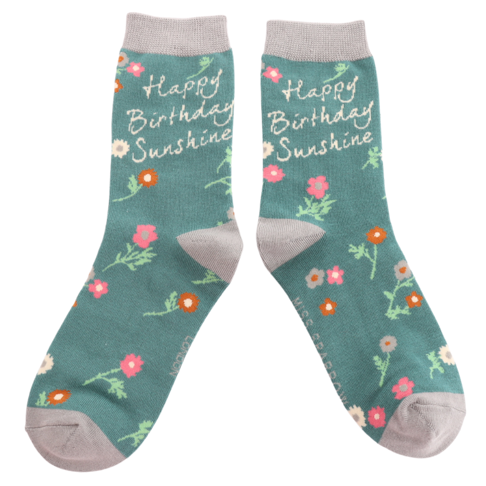Ladies Socks: Bamboo Happy Birthday Sunshine - Teal - Miss Sparrow