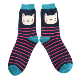 Socks: Kitty Stripes - Navy - Miss Sparrow