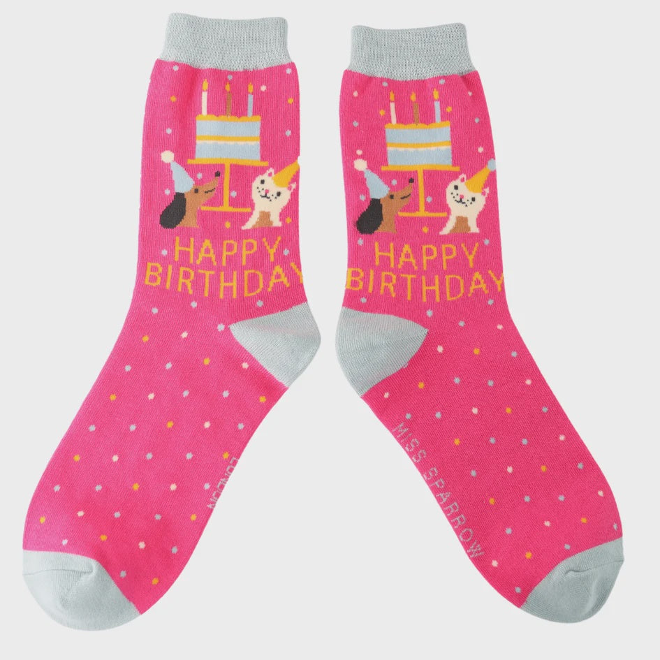 Ladies Socks: Bamboo Birthday Pets - Hot Pink - Miss Sparrow