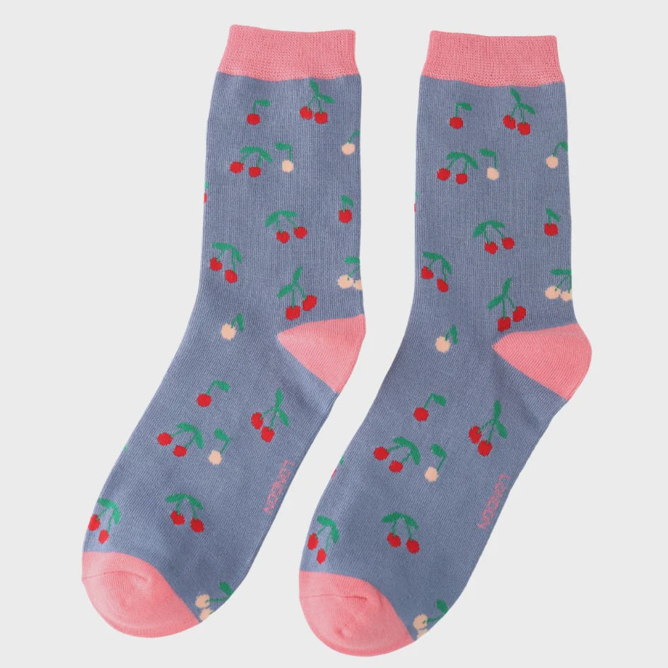 Ladies Socks: Bamboo Mini Cherries - Denim Blue- Miss Sparrow